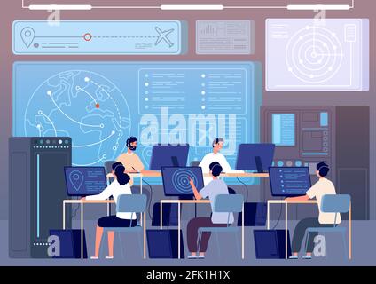 Flugkontrollzentrum. Kommandoraum des Flughafens, Flugbahn-Steuerung. Vektorgrafik für die Überwachung internationaler Transporte durch Bediener Stock Vektor