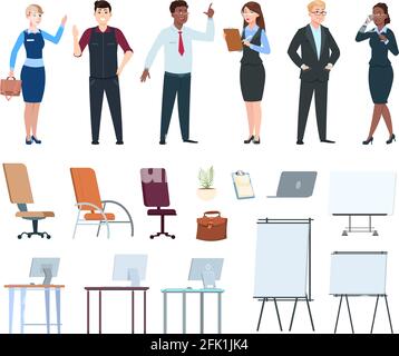 Mitarbeiter in Unternehmen. Büromöbel, Multimedia-Boards Stühle Computer-Schreibtische. Cartoon Geschäftsfiguren, isolierte internationale Team Vektor Stock Vektor