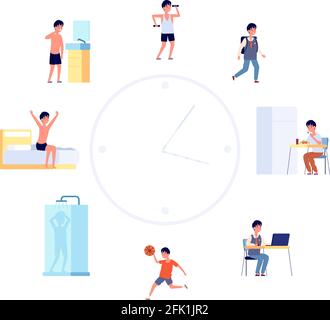 Tagesablauf. Cartoon Kinder Routine, Jungen Aktivitäten. Flach niedliches Kind schlafen Essen an der Uhr, Baby Lifestyle Vektor Illustration Stock Vektor