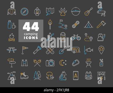 Symbole für Camping, Wandern, Natur und Outdoor-Aktivitäten auf dunklem Hintergrund. Graph-Symbol für Reise- und Tourismus-Website und App-Design, App, UI Stock Vektor