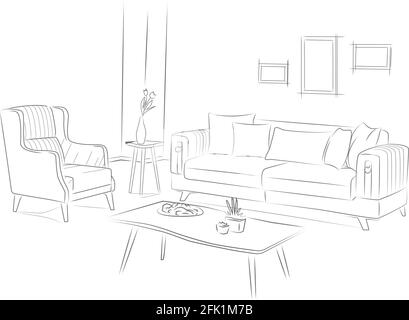 Sofa-Set und Couchtisch Skizze Zeichnung. Stock Vektor