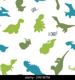 Nahtloses Muster mit Dinosaurier-Silhouette. Cartoon-Vektor-Monster. Jurassische Dino-Ikonen. Elemente für Karten- und Sticker- sowie T-Shirt-Design Stock Vektor