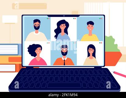 Videoanruf zu Hause. Online-Arbeitskonferenz, virtuelle Klasse oder Team. Digitaler Business-Chat für Remote-Meetings. Vektorgrafik für Internet-Bildung Stock Vektor