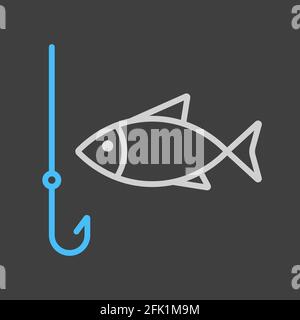 Angelhaken mit Fischvektor-Symbol auf dunklem Hintergrund. Camping- und Wanderzeichen. Graph-Symbol für Reise- und Tourismus-Website und App-Design, App, UI Stock Vektor