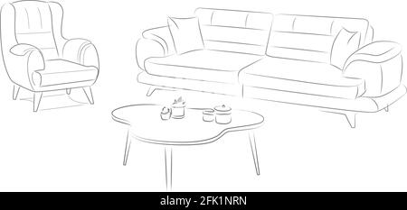 Sofa-Set und Couchtisch Skizze Zeichnung. Stock Vektor