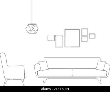 Sofa-Set und Rahmen Skizze Zeichnung. Stock Vektor