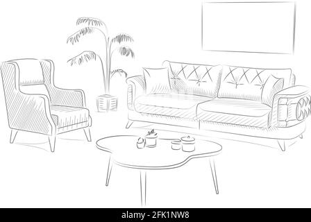 Sofa-Set und Couchtisch Skizze Zeichnung. Stock Vektor