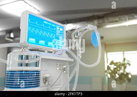 ICU künstlicher Lungenventilator mit fiktivem Design in moderner Klinik mit Bokeh - STOP Coronavirus Konzept, medizinische 3D-Illustration Stockfoto