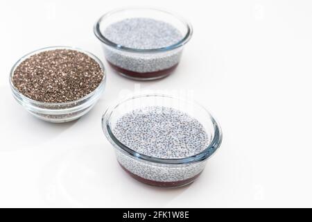 Chia-Samenpudding in Glasschüsseln aus der Nähe auf Weiß Hintergrund mit Kopierbereich Stockfoto
