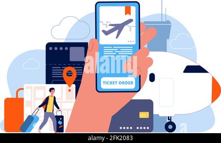 Buchen von Tickets. Flugbuchung online bestellte Flüge Service Vektor Konzept Bild Stock Vektor