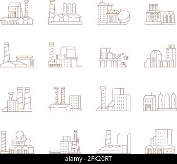 Werkseitige Symbole. Industrielle Stadt Rauch Rohr Energie Produktion Gebäude Dampf Wolken Vektor-Symbol gesetzt Stock Vektor