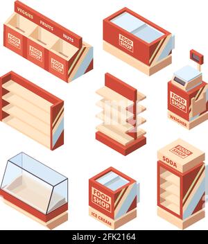 Lebensmittelgeschäft Möbel. Shop Kühlschrank Regale Kasse Warenkorb Vektor isometrische Supermarkt Werkzeuge Stock Vektor