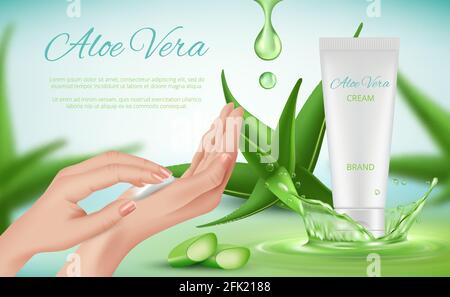 Aloe Vera Creme. Frau Hautpflege Anzeigen Hände Kosmetik Röhren spritzt grüne Pflanzen Vektor realistische Plakatvorlage Stock Vektor