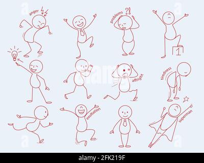 Stickman-Zeichen. Business Person im Doodle-Stil niedlich Ausdrücke Mann lustig posiert Büro-Manager arbeiten Vektor Linie Skizzen Stock Vektor