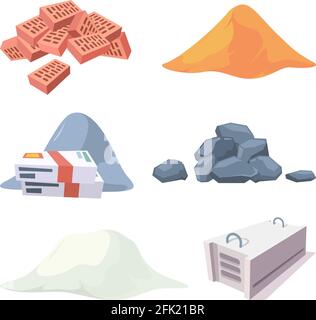 Sammlung von Baumaterial. Ausrüstung für Bauherren Zement Sandsteine Haufen Gips Block Ziegel Vektorbilder Stock Vektor