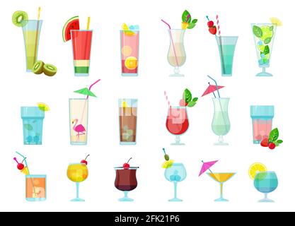 Cocktails. Gläser mit alkoholischen Getränken Transparent Cocktail-Mix mit Früchten margarita Wodka martini Sambuca Vektor-Bilder Stock Vektor