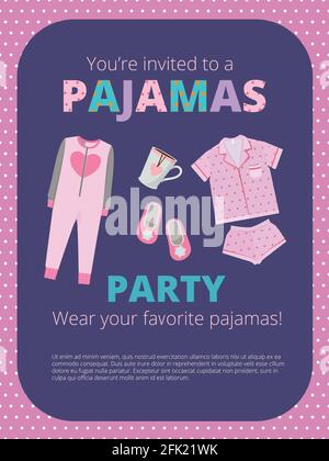 Pyjama-Party-Poster. Einladung für Nachtparty Kinder und Eltern Nachtwäsche Freizeitkleidung große Bett Party Vektor Stock Vektor