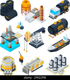 Ölindustrie. Gas Ölstation Produktion Tanks Maschinen Fabrik Technologien Transport Energie Vektor Sammlung isometrisch Stock Vektor