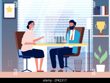 Interview mit einer Frau. Weibliche Business-Mädchen Beschäftigung Rekrutierung in Büro-Chef sitzen Vektor-Charakter Stock Vektor