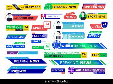 Banner mit Eilmeldungen. Broadcasting TV-Schnittstelle Etiketten Benutzernamen und Logo Text Grafik Bar Vektor Sammlung Stock Vektor