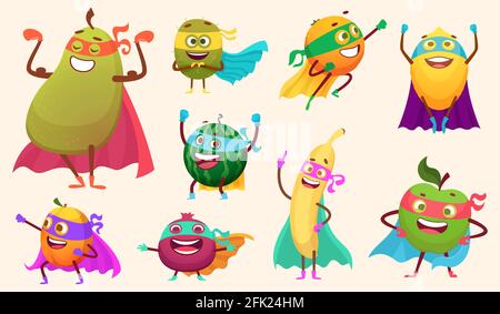 Superhelden Fruits Kollektion. Charaktere gesunde Gemüse Comics Stil Aktion posiert Garten Nahrung Vektor Maskottchen Sammlung Stock Vektor