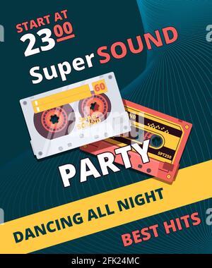 Party-Poster im Retro-Stil. Music Night 90er Jahre Tanz Zeit Audio-Kassette Vektor Plakat Design Stock Vektor