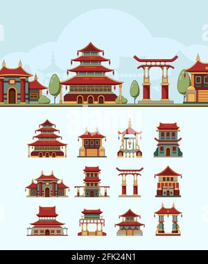 China-Häuser. Traditionelle Ostgebäude schönes Dach japan architektonische Objekte Vektor flache Illustrationen Stock Vektor