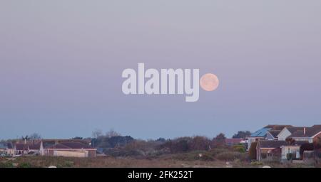 Vollmond am frühen Morgen im April vom Strand von Aldwick, West Sussex, England, Großbritannien aus gesehen. Stockfoto