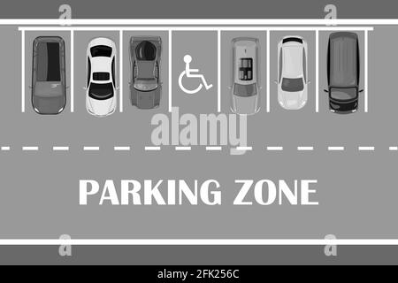Parkzone mit einem freien Platz für Behinderte. Parkplatz mit vielen Autos Draufsicht.Kostenlose öffentliche Parkplätze, Stadtverkehr Dienstleistungen.Vektor-Illustration Stock Vektor