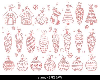 Winterspielzeug. Weihnachtskugeln Urlaub Dekoration dekorative Sterne und Schneeflocken Blasen und Glocken Vektor handgezeichnete Set Stock Vektor