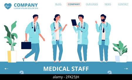 Zielseite des Krankenhauses. Vektorzeichen des medizinischen Personals. Verschiedene Ärzte und Gesundheitsarbeiter Web-Banner-Vorlage Stock Vektor
