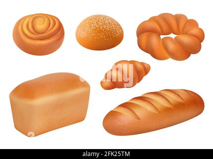 Brot realistisch. Backwaren frisch schmeckende Produkte französisch Laib Baguette Buns Vektor Frühstück Bild Stock Vektor