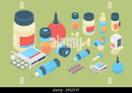 Apotheke isometrisch. Medizin Gesundheitswesen Medikamente und Pillen Medikationsvektor gesetzt Stock Vektor