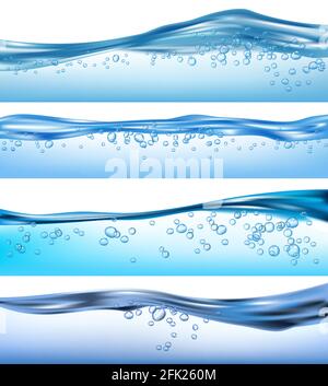 Winken Sie realistisch. Natur Ozean Wasser spritzt Flüssigkeit fließende Blasen Getränke Vektor Wellen gesetzt Stock Vektor