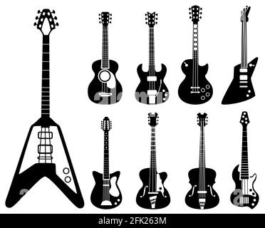 Silhouetten der Gitarre. Musikinstrumente schwarze Symbole akustische und Rock Gitarren Vektor-Set Stock Vektor