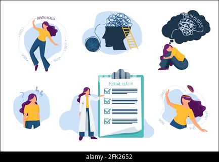 Psychische Probleme. Menschliche Geist Behandlung emotionale Spritzer Krankheit medizinische Versorgung Vektor flache Konzept Bilder Stock Vektor
