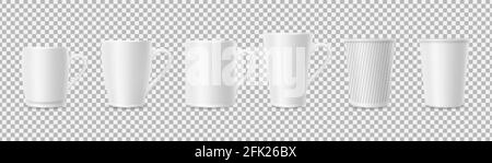 Weiße Tassen. Realistische 3D-Cup-Mockups isoliert auf transparentem Hintergrund. Kaffee, Tee Tassen Vektor-Set Stock Vektor