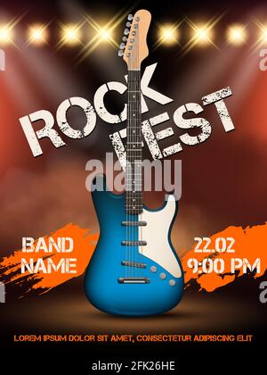 Einladung zum Rockfestival. Musikgitarre realistische Illustration Poster mit Platz für Ihre Text-Event-Party Eintritt Ticket Vektor Stock Vektor