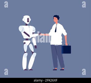 Handshaking des Roboters. Geschäftsmann Treffen mit futuristischen android Charakter Mensch vs Cyborgs Konzept Vektor Illustration Stock Vektor