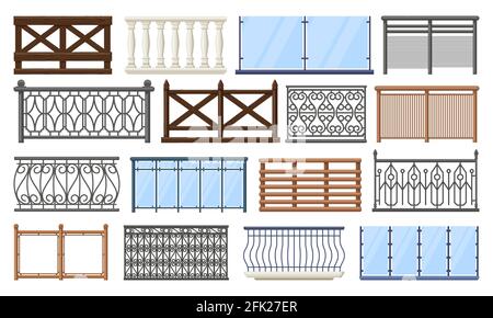 Balkonzaun. Holz-, Stein- und Edelstahl-Handläufe, Home Terrasse Zäune isoliert Vektor-Illustration-Set. Balkongeländer im Apartmentgebäude Stock Vektor