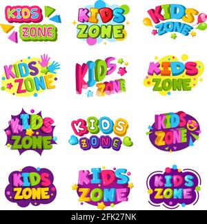 Playroom-Logo. Kids Zone farbige lustige Abzeichen Text Grafik Emblem für Spiel Bildung Bereiche Vektor-Set Stock Vektor