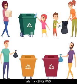 Müll wird sortiert. Menschen Recycling und Reinigung Müll natürliche schützen Natur Metallpapiere Glas Trennung Vektor Cartoon Menschen Stock Vektor