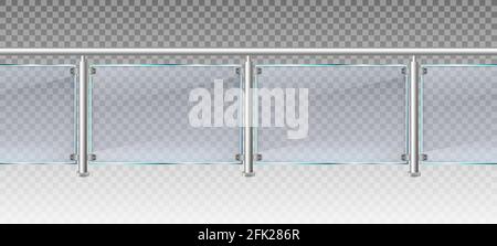 Realistischer Glaszaun. Glasgeländer mit Metallgeländer, Balkon oder Terrasse Plexiglas Fechten 3d-Vektor-Illustration. Balustrade aus Glas Stock Vektor