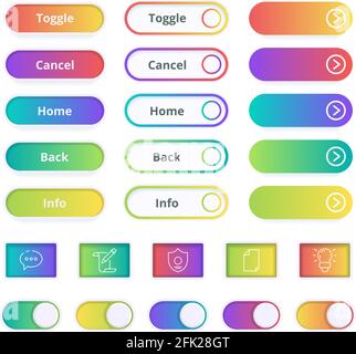 Farbige Verlaufsschaltflächen. Spiel oder Website ui-Vorlagen Aktion App-Schaltflächen mit Vektor-Vektor bunte Symbole Stock Vektor