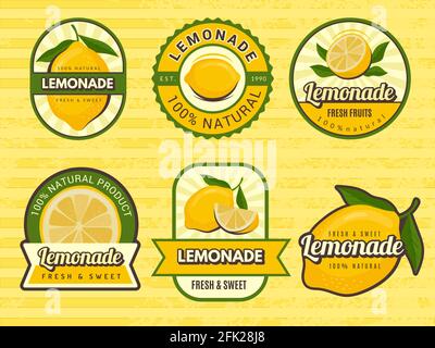 Limonadenabzeichen. Retro-Etiketten mit Zitrone Illustrationen Vektor-Design-Emblem für Saft Stock Vektor