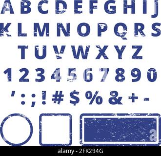 Schriftart mit Gummistempel. Rote Buchstaben und Zahlen Vorlage Typografie für Stempel Stock Vektor