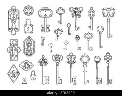 Alte Schlösser und Schlüssel. Skizze Schlüsselloch, vorhängeschloss im viktorianischen Stil. Mittelalterliche oder antike Türöffnung, alte Dekor Sicherheitselemente Vektor-Sammlung Stock Vektor