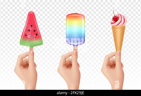 Realistische Hände mit Eis. Kalte Süßigkeiten, 3d-Creme und Eissaft. Vektorelemente für Sommerfutter Stock Vektor
