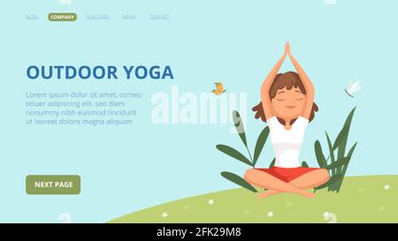 Outdoor Yoga Landing Page. Frau macht Übungen im Park. Vektor-Banner für Entspannung und Meditation Stock Vektor