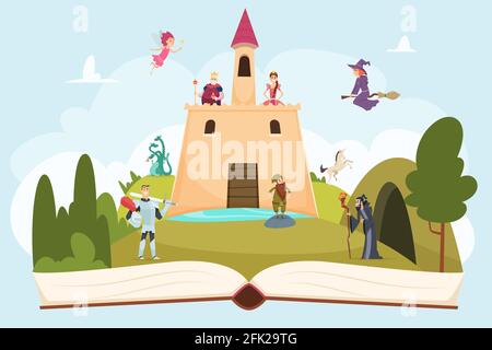 Öffnen Sie das Märchenbuch. Fantasy-Hintergrund mit lustigen Maskottchen Prinzessin Ritter Zauberer Hexe Vektor Cartoon Landschaft auf Seiten Stock Vektor